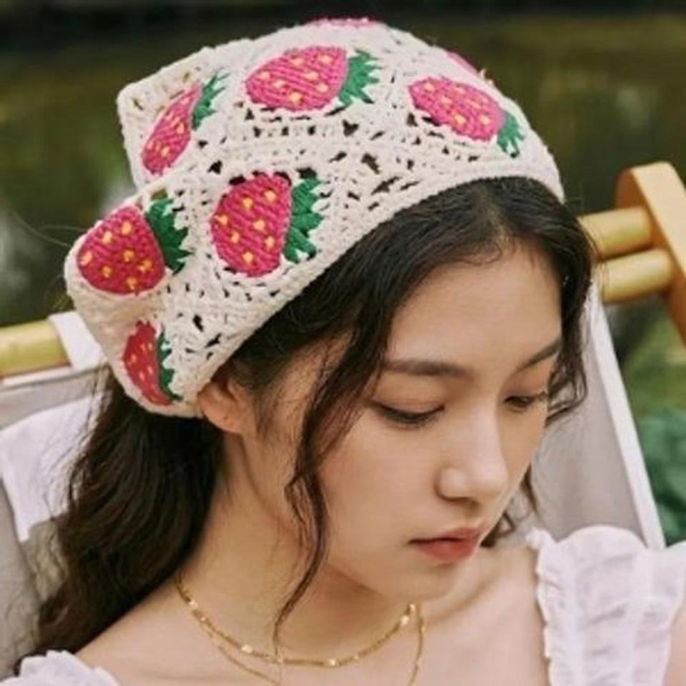 Handmade Crochet Strawberry Bandana Kerchief Headscarf Cream Cottagecore Boho